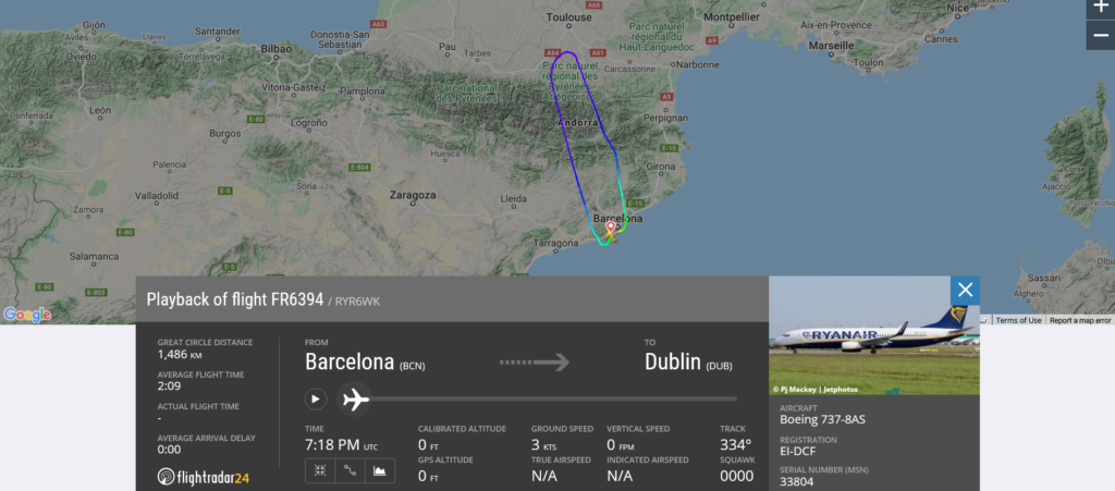 Ryanair flight FR6394 from Barcelona to Dublin returned to Barcelona due to medical emergency