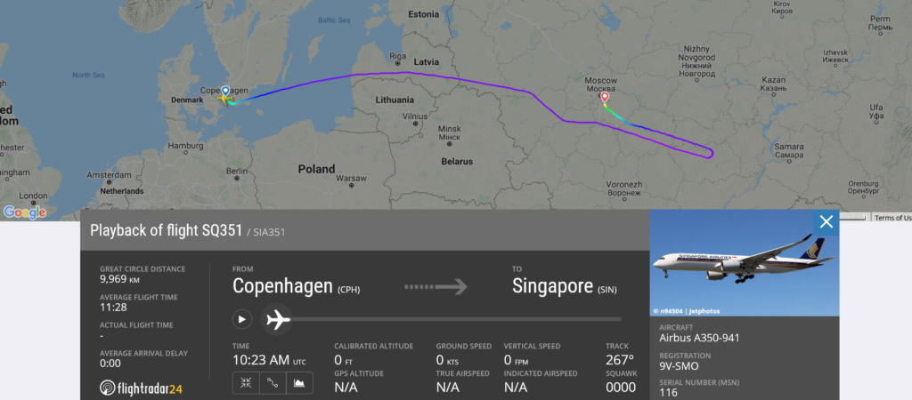 Singapore Airlines flight SQ351 from Copenhagen to Singapore diverted to Moscow due to medical emergency