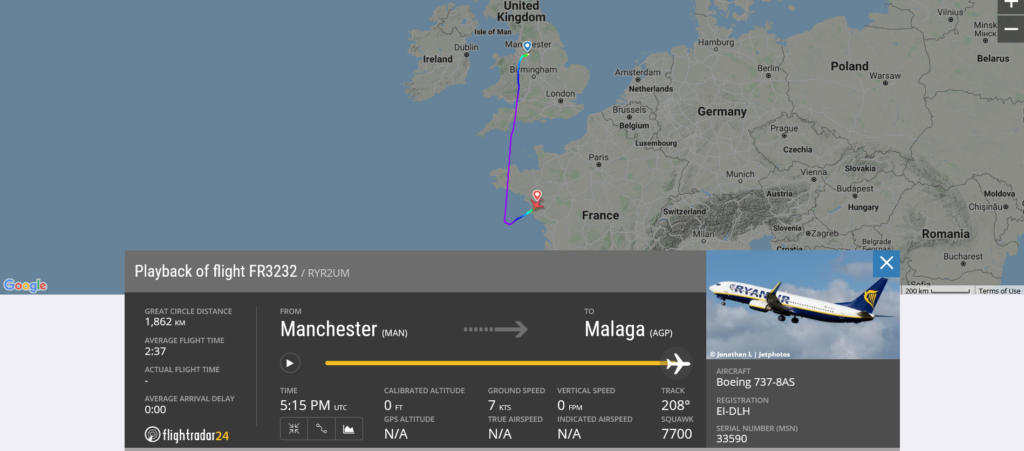 Ryanair flight FR3232 from Manchester to Malaga declared an emergency and diverted to Nantes due to medical emergency