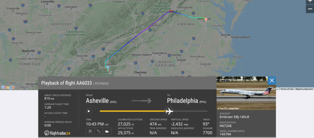 American Airlines flight AA6033 from Asheville to Philadelphia declared an emergency and diverted to Richmond due to medical emergency