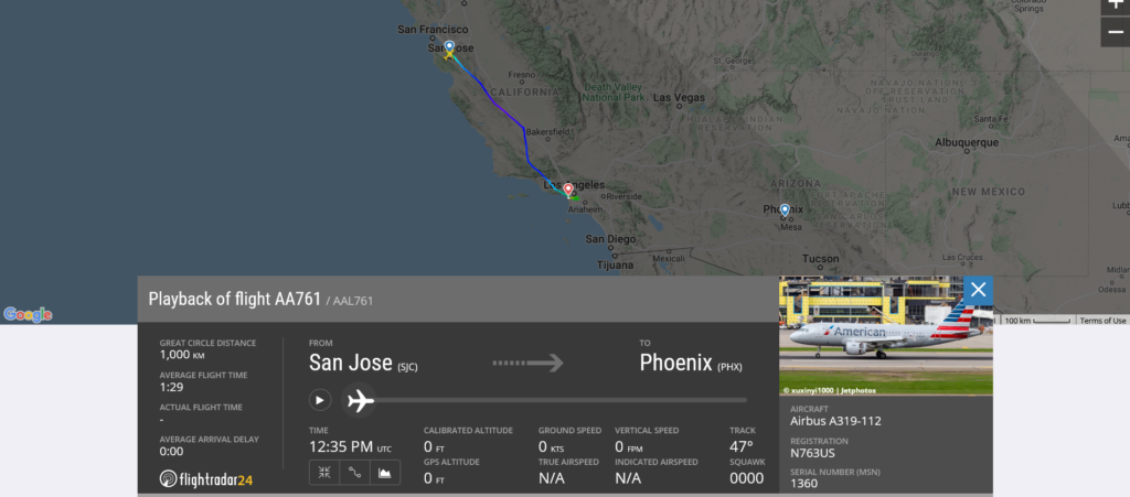 American Airlines flight AA761 from San Jose to Phoenix diverted to Los Angeles due to possible mechanical issue