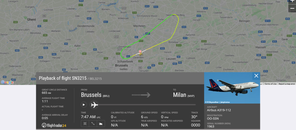 Brussels Airlines flight SN3215 from Brussels to Milan returned to Brussels due to bird strike