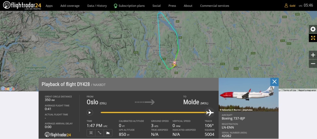 Norwegian flight DY428 returned to Oslo due to lightning strike