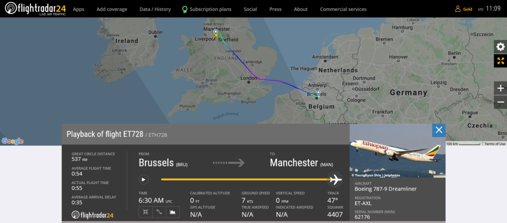 Ethiopian Airlines flight ET728 from Brussels to Manchester suffered possible engine issue