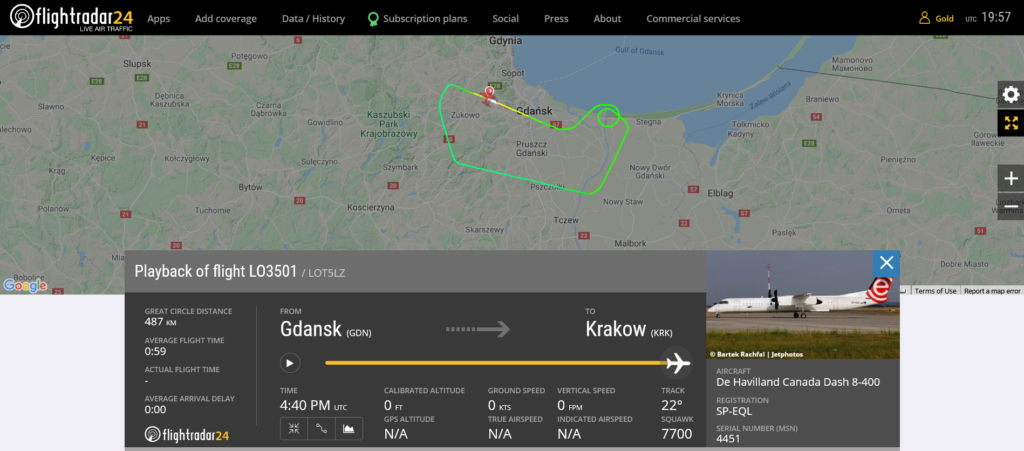 LOT flight LO3501 declared an emergency and returned to Gdansk due to engine issue
