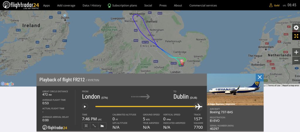 Ryanair flight FR212 from London to Dublin declared an emergency and returned to London due to autopilot issue