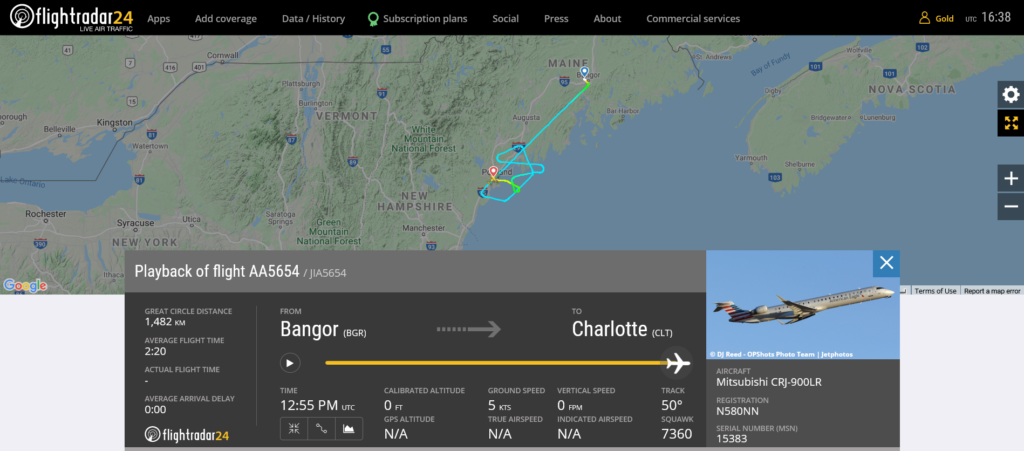 American Airlines flight AA5654 diverted to Portland due to mechanical issue
