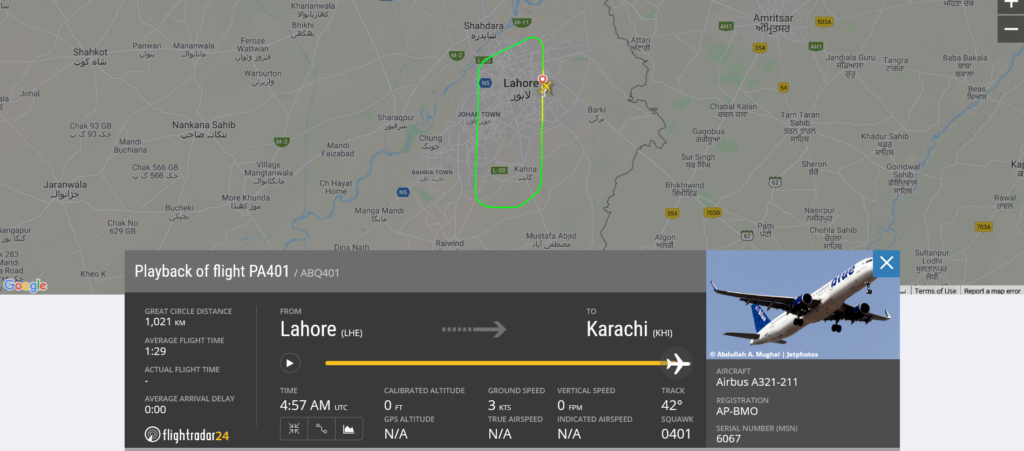 Airblue flight PA401 returned to Lahore due to bird strike