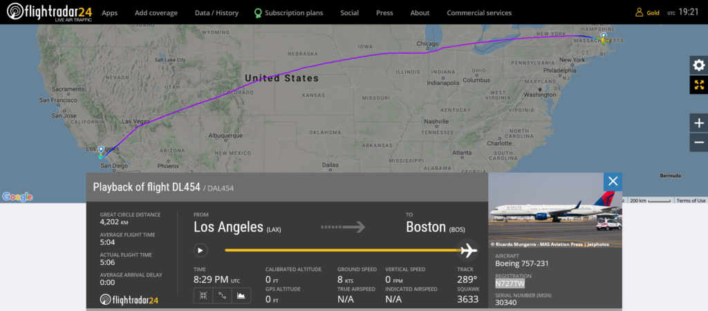 Delta Air Lines flight DL454 from Los Angeles to Boston suffered bird strike