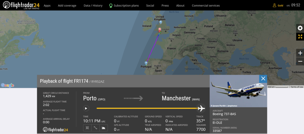Ryanair flight FR1174 declared an emergency and diverted to Bristol due to medical emergency