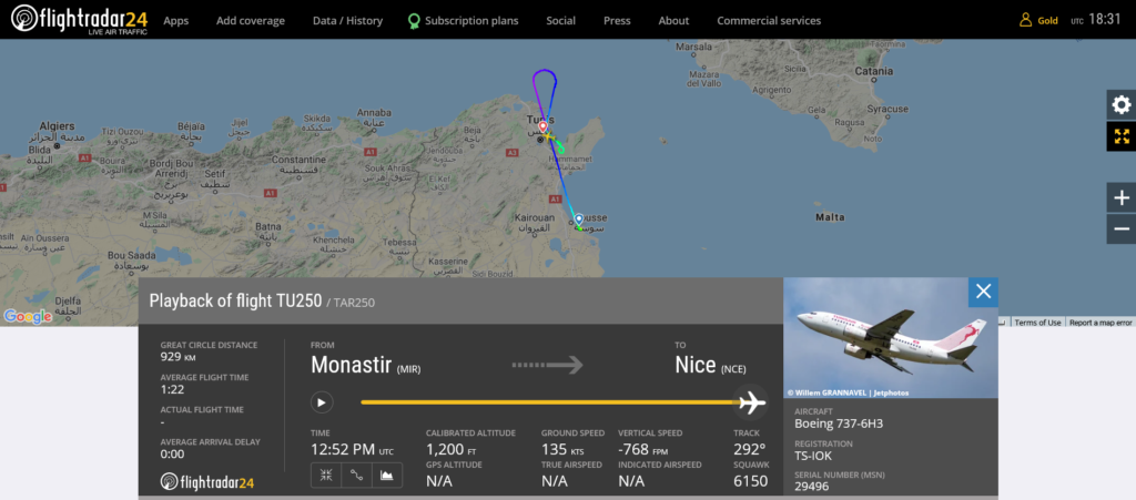 Tunisair flight TU250 diverted to Tunis due to hydraulic issue