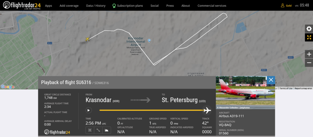 Aeroflot flight SU6316 from Krasnodar to St. Petersburg rejected takeoff due to electrical issue