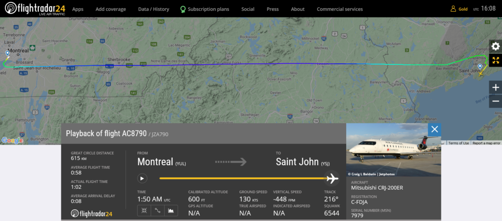 Air Canada flight AC8790 from Montreal to Saint John suffered pressurisation issue