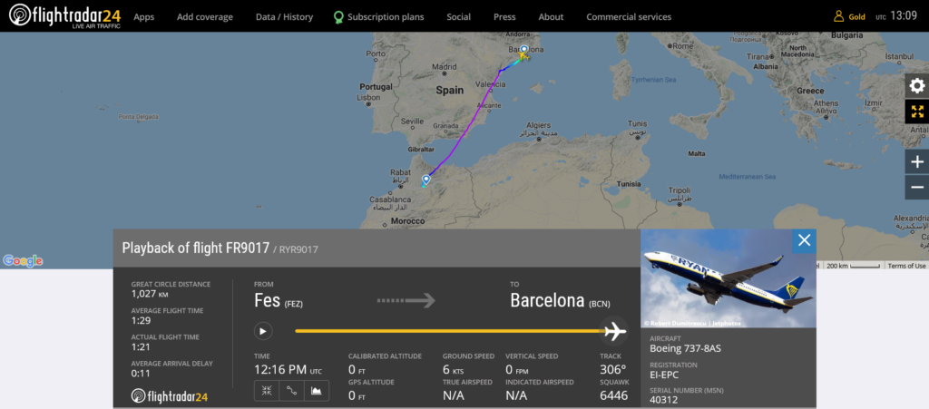Ryanair flight FR9017 from Fes to Barcelona encountered turbulence