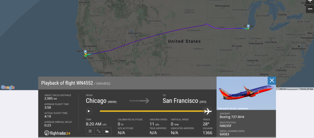 Southwest Airlines flight WN4552 from Chicago to San Francisco suffered flaps issue