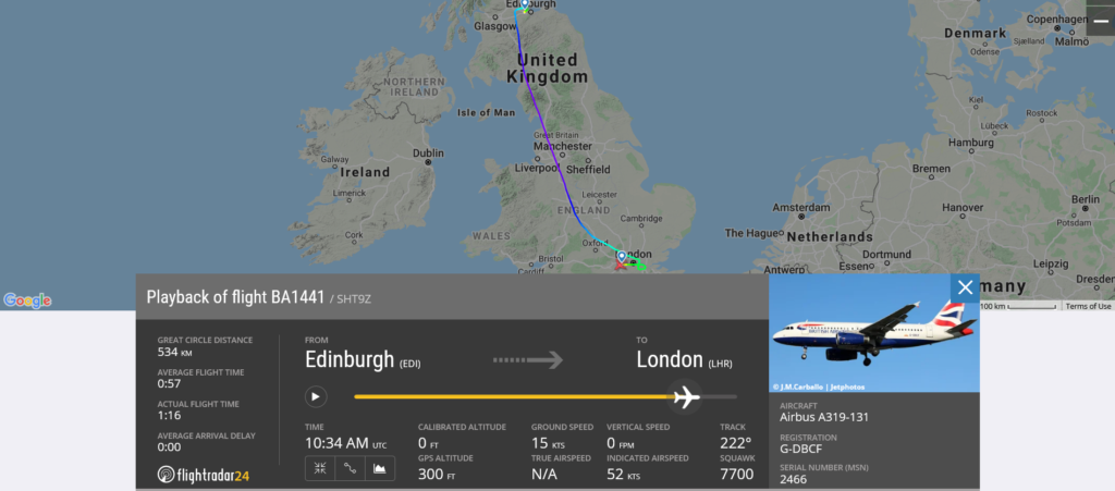 British Airways flight BA1441 from Edinburgh to London declared emergency due to technical issue