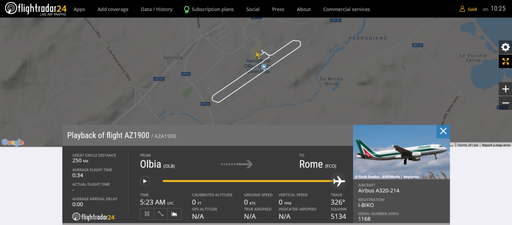 Alitalia flight AZ1900 from Olbia to Rome rejected takeoff due to bird strike