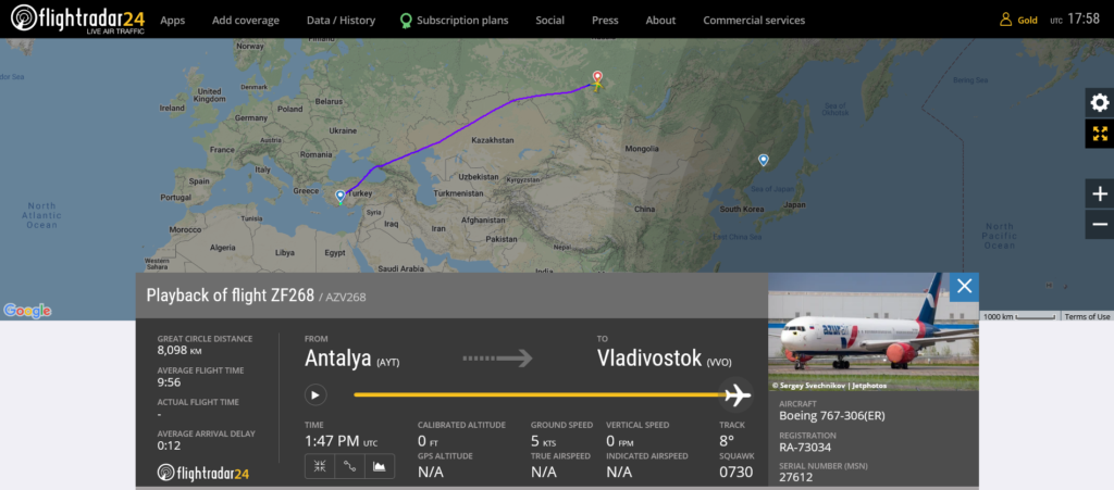 Azur Air flight ZF268 from Antalya to Vladivostok diverted to Krasnoyarsk due to hydraulic issue