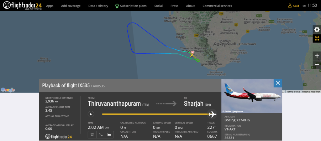 Air India Express flight IX535 returned to Thiruvananthapuram due to technical issue