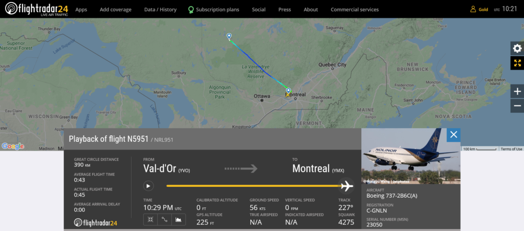 Nolinor flight N5951 from Val-d'Or to Montreal suffered engine issue