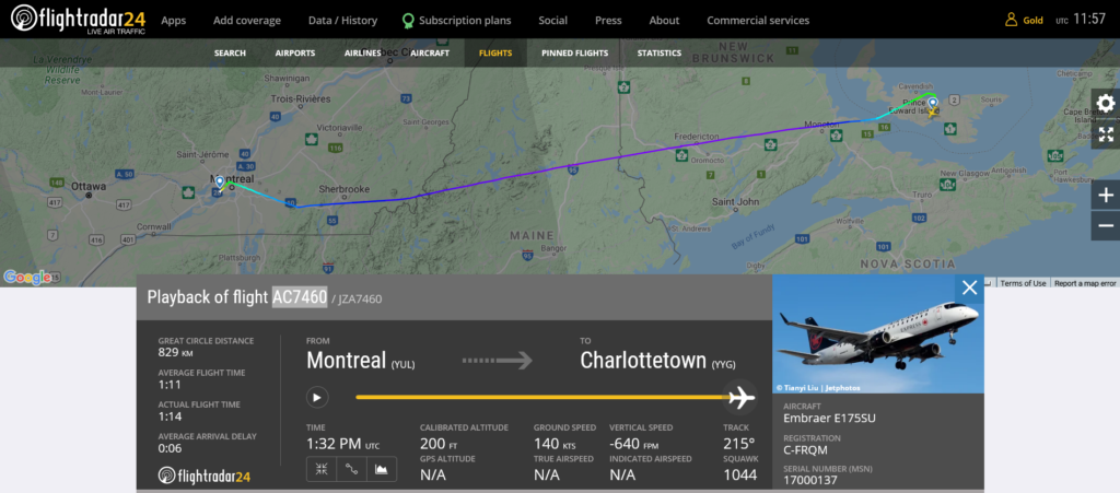 Air Canada flight AC7460 from Montreal to Charlottetown suffered brakes issue on landing
