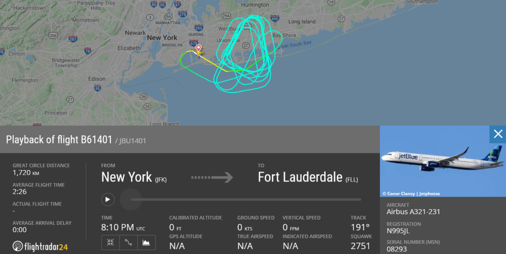 JetBlue flight B61401 freturned to New York due to bird strike