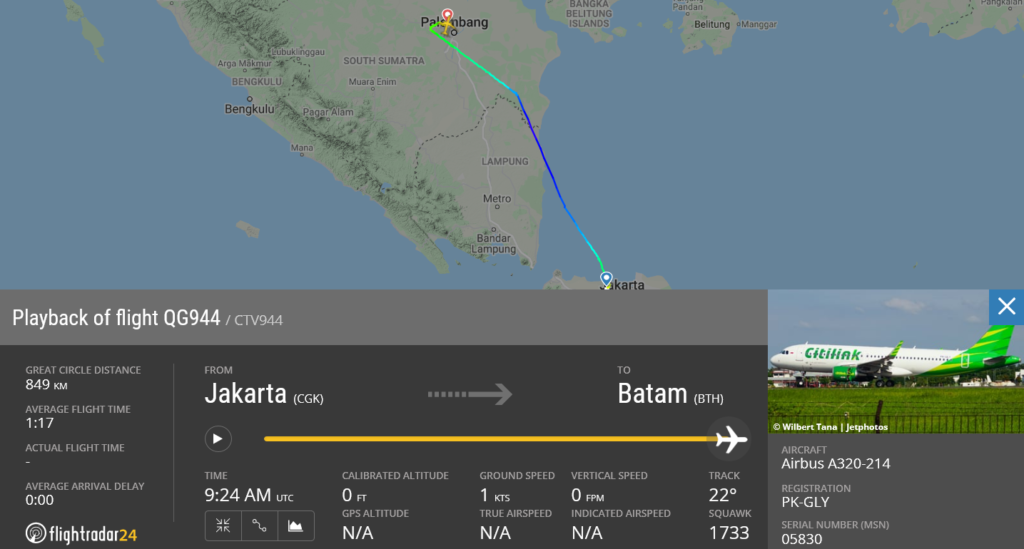 Citilink flight QG944 diverted to Palembang due to disruptive passenger