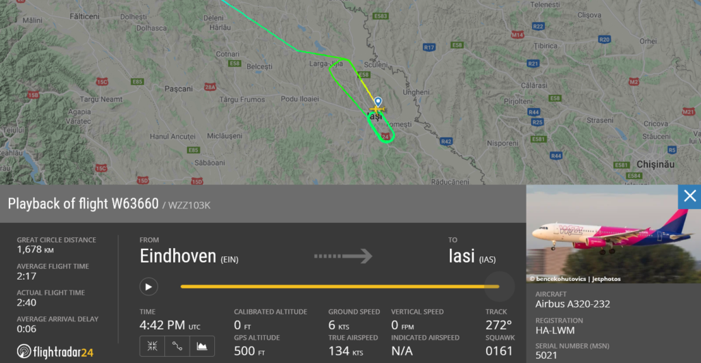 Wizz Air flight W63660 from Eindhoven to Iasi suffered hydraulic issue