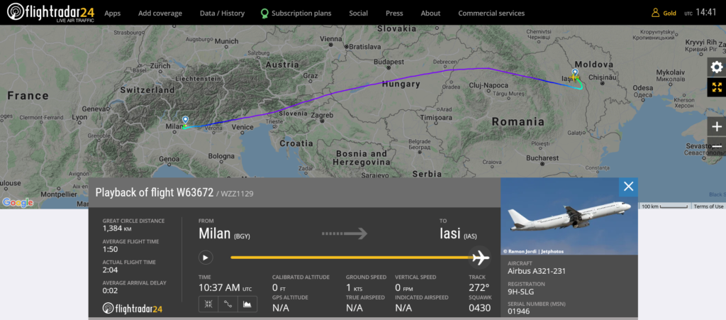 Wizz Air flight W63672 from Milan to Iasi suffered navigation system issue