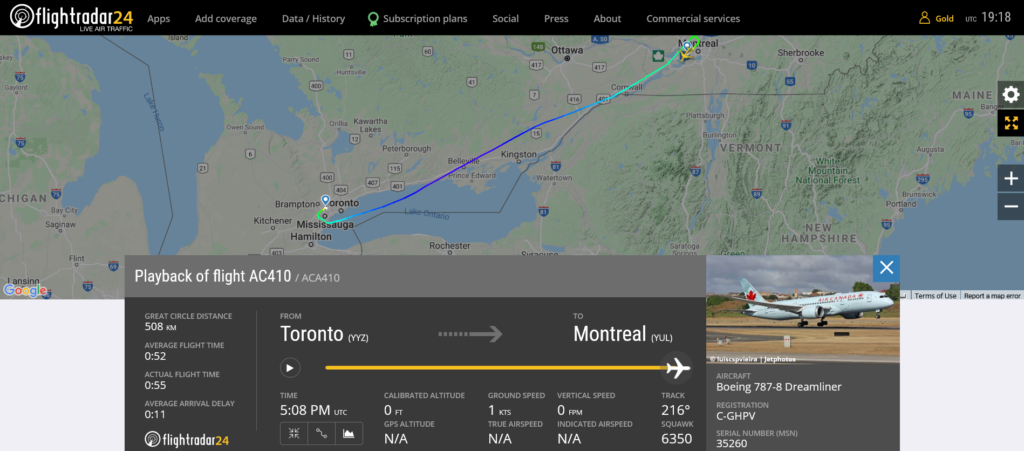Air Canada flight AC410 from Toronto to Montreal suffered cracked windshield