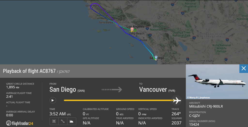 Air Canada flight AC8767 diverted to Los Angeles due to fuel and engine issue