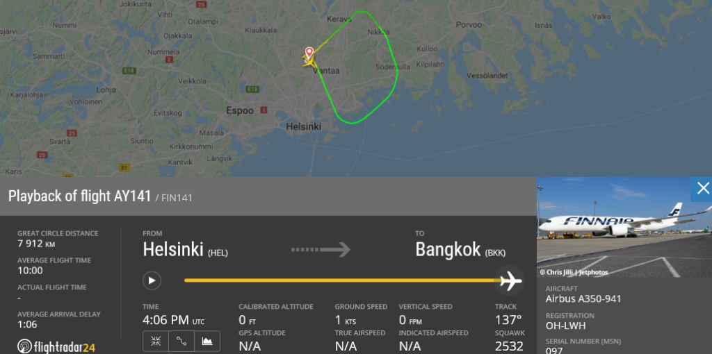 Finnair flight AY141 returned to Helsinki due to smoke on board